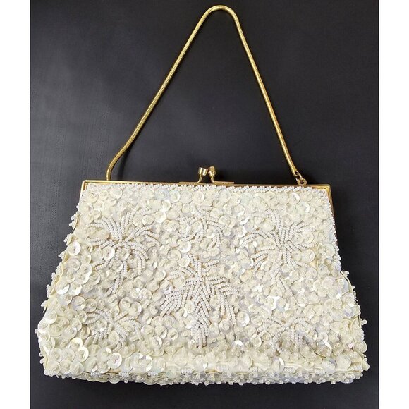 Beaded Clutch Purse Evening Bag Hand Made in Hong Kong MCM Sequin Ivory 7"x4.5" - Picture 5 of 9